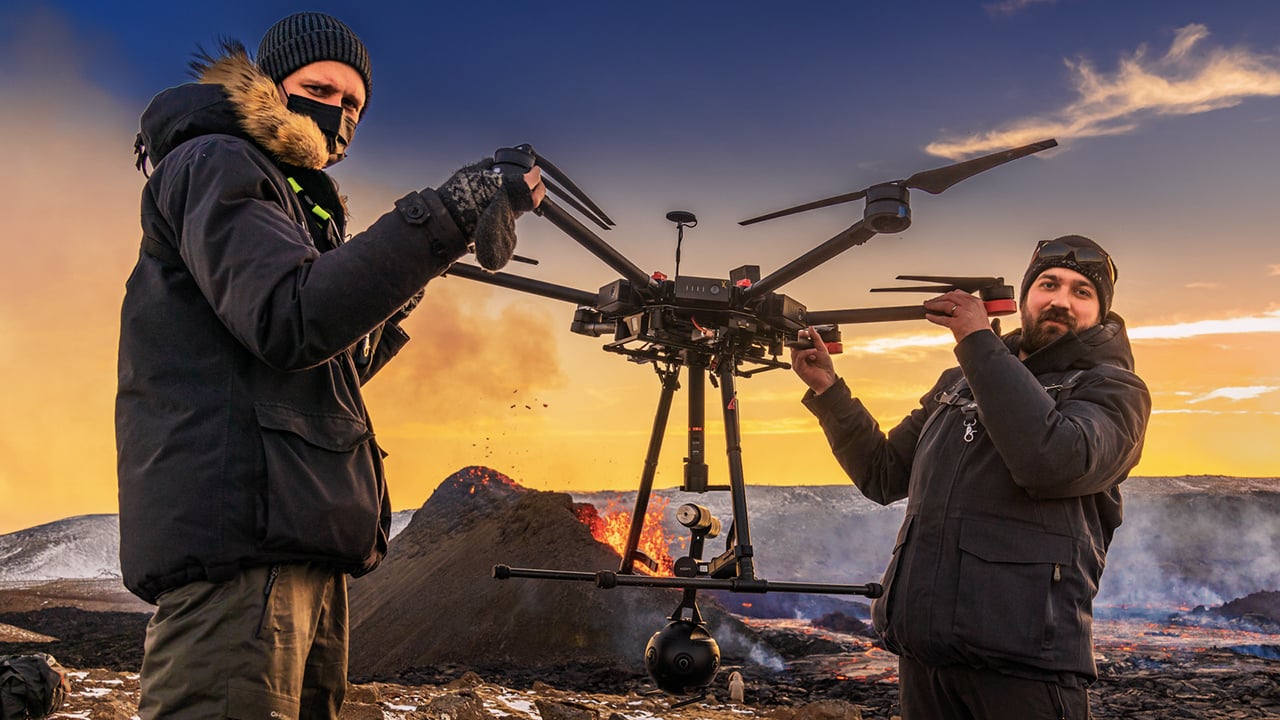 Ragnar Th. Sigurðsson, founder of Arctic Images, and drone pilot Arnar Þór Þórsson.